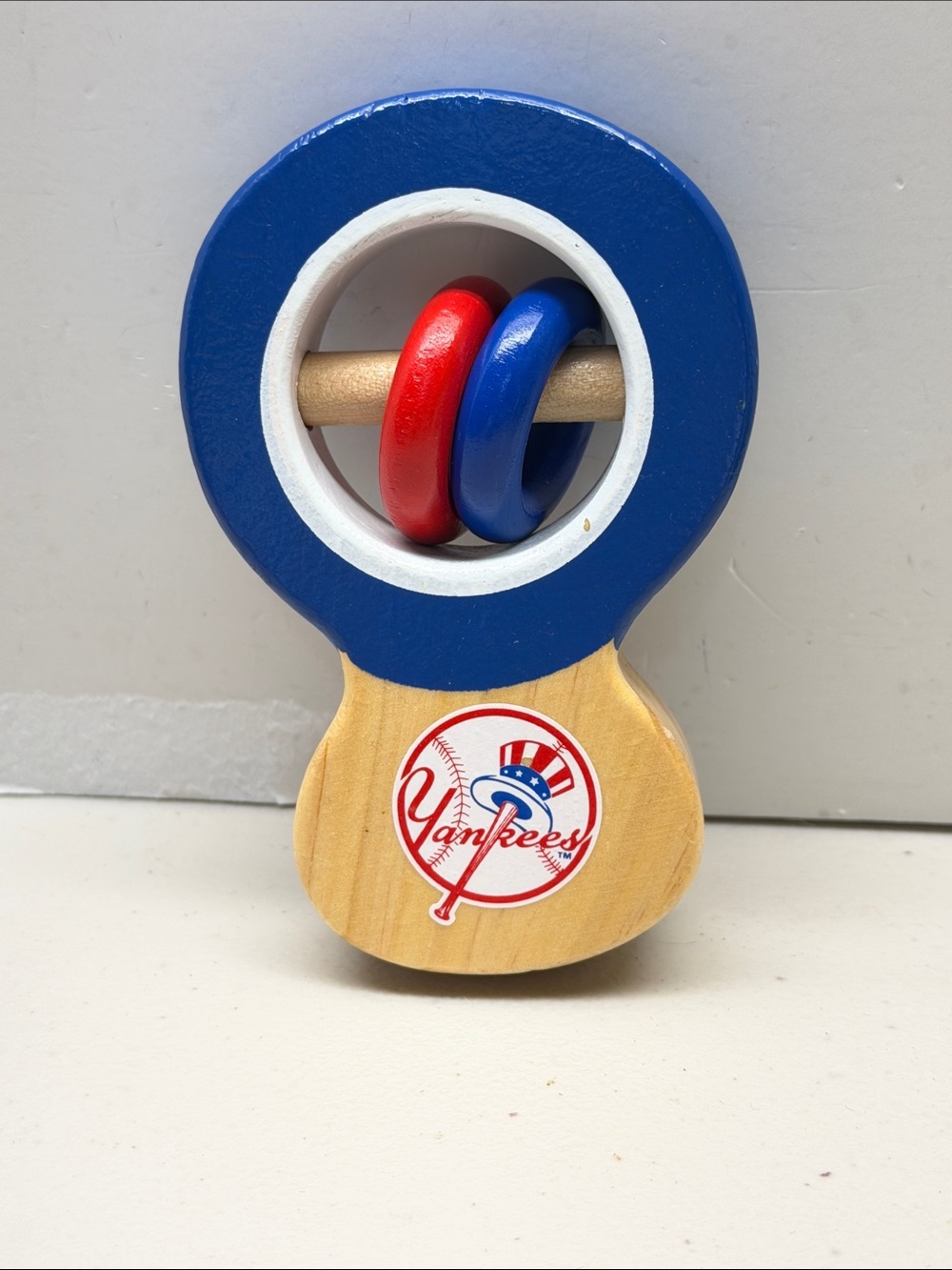 MLB New York Yankees Wooden Rattle Toy in Blue and Red